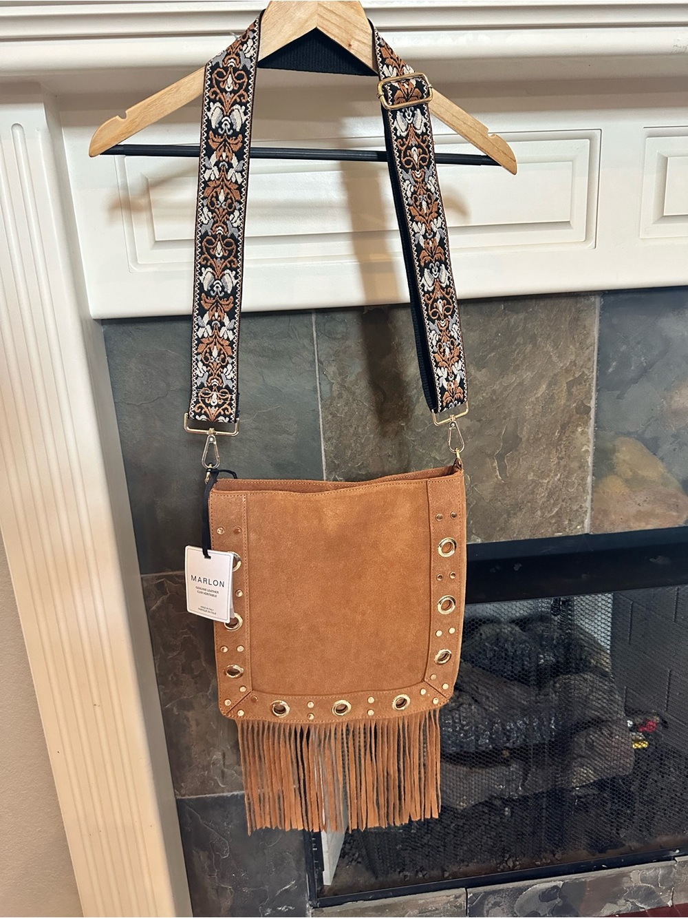 Tan Suede Fringe Crossbody with Decorative Strap